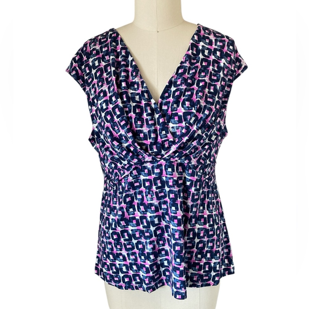 NIC+ZOE Women's Pink and Blue Patterned Gathered Crossover V-Neck Blouse